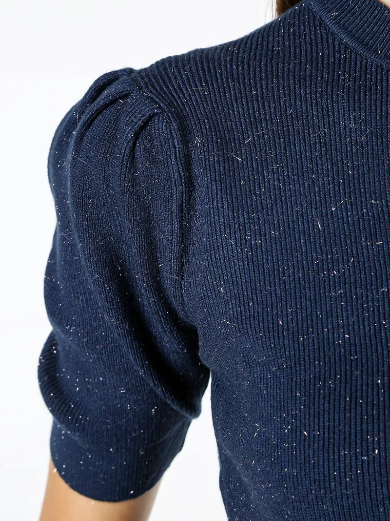 Maglia donna in lurex con maniche corte a sbuffo - blu scuro