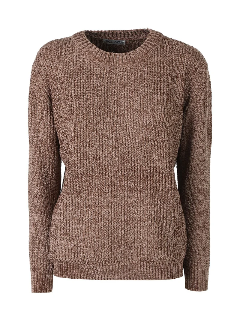 Maglione girocollo da donna in ciniglia - marrone