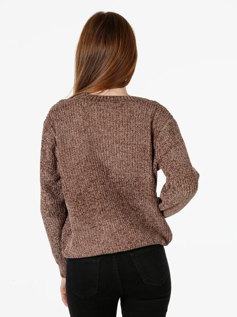 Maglione girocollo da donna in ciniglia - marrone