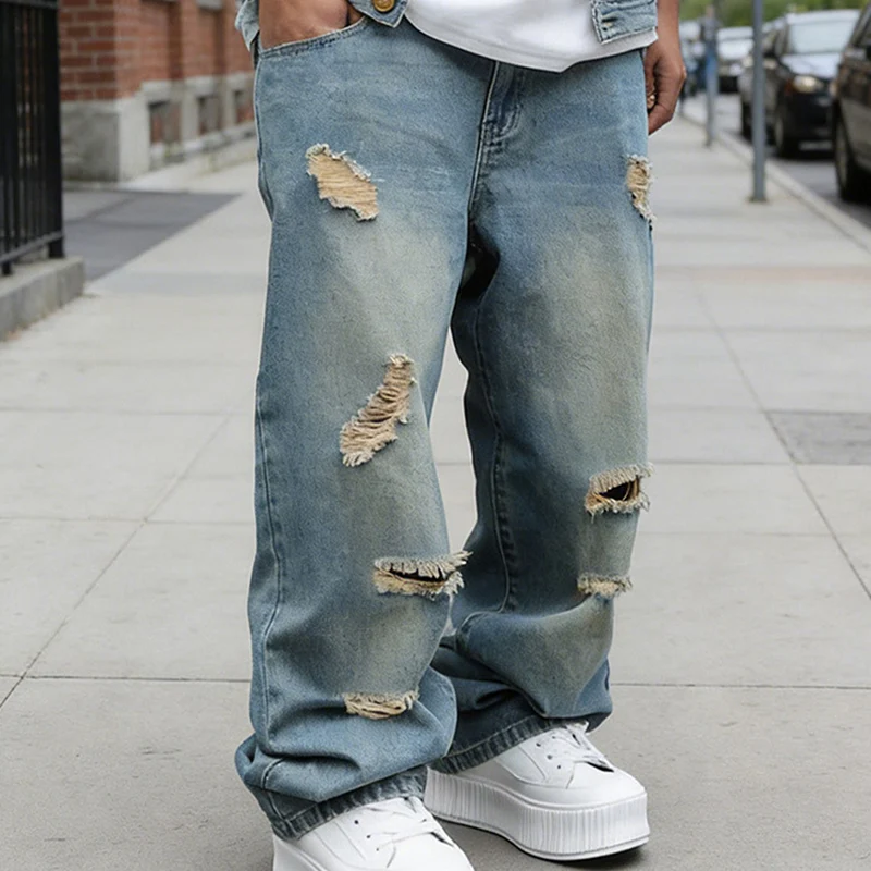 Herren Ripped Jeans in Übergröße | Locker geschnittene Straight-Leg-Jeans mit Used-Effekt