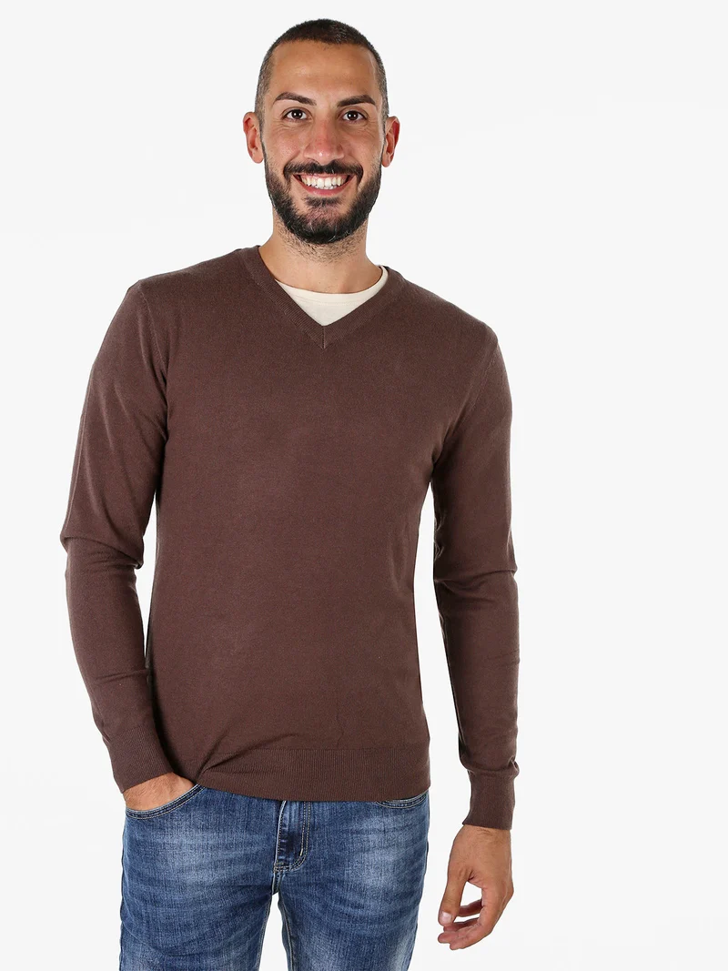 Maglia uomo con scollo a V tinta unita - moro