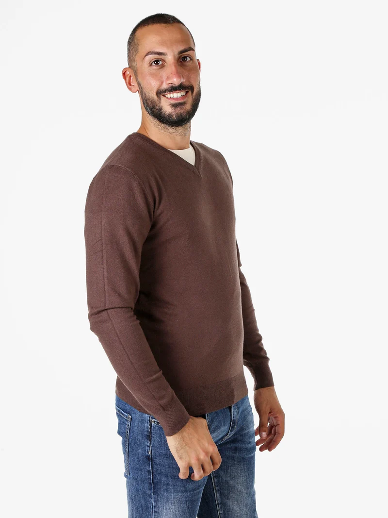 Maglia uomo con scollo a V tinta unita - moro