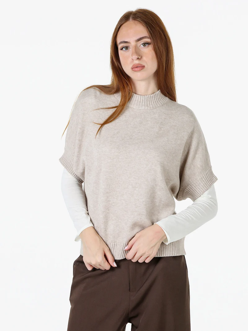 Maglia donna poncho accollata con maniche corte - beige