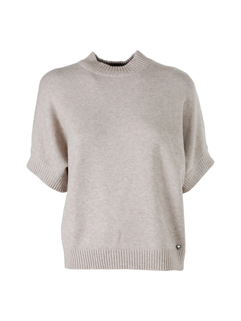 Maglia donna poncho accollata con maniche corte - beige
