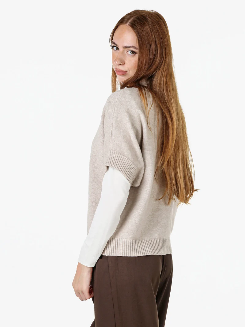 Maglia donna poncho accollata con maniche corte - beige