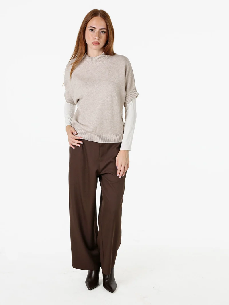 Maglia donna poncho accollata con maniche corte - beige