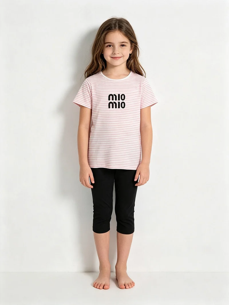 Completo da ragazza con t-shirt rigata e leggings a pinocchietto - rosa