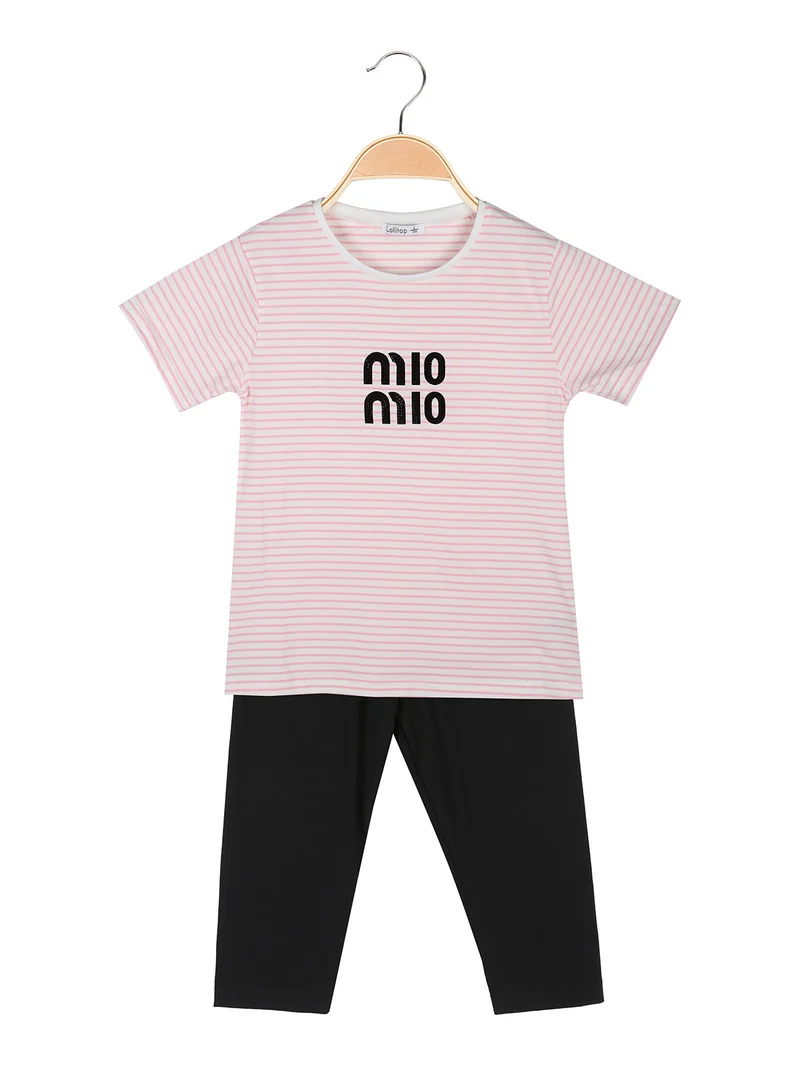 Completo da ragazza con t-shirt rigata e leggings a pinocchietto - rosa