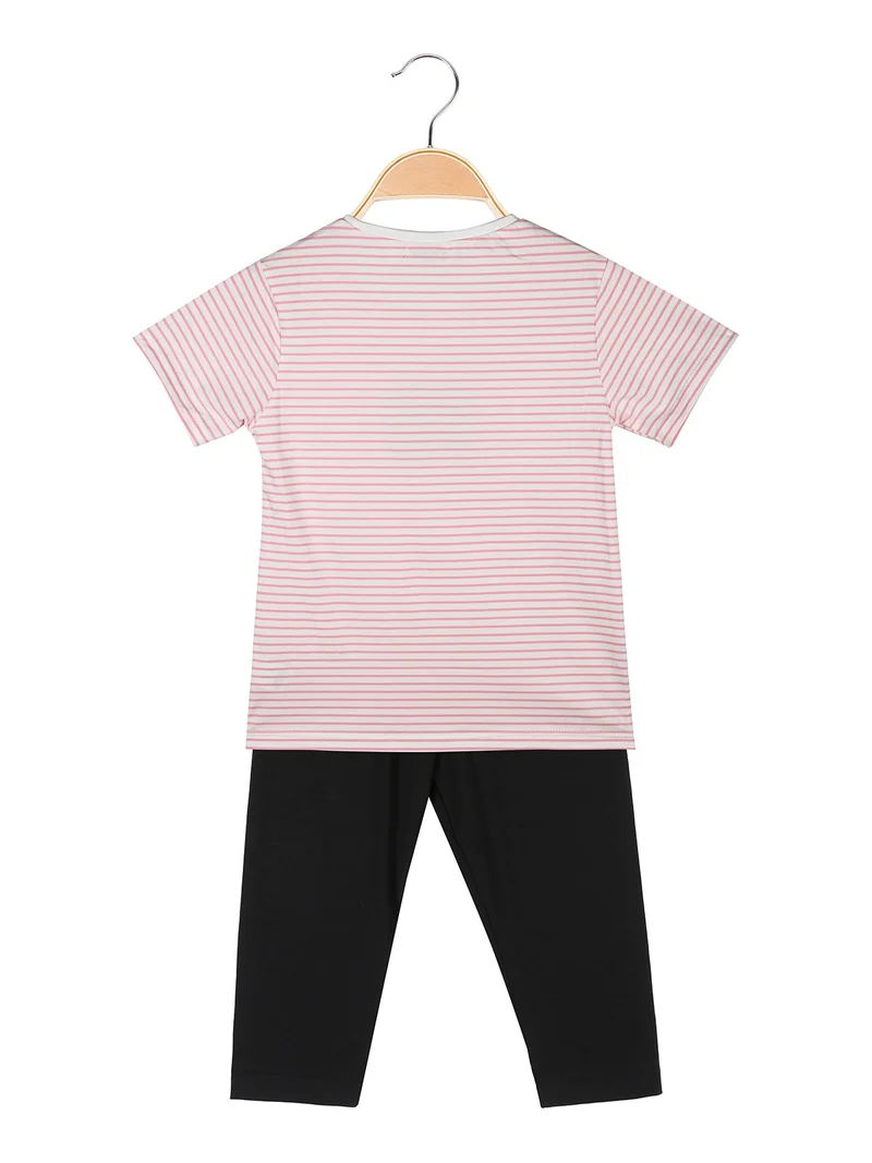 Completo da ragazza con t-shirt rigata e leggings a pinocchietto - rosa