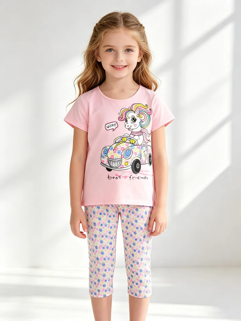 Completo da bambina con t-shirt e leggings fiorati a 3/4 - rosa