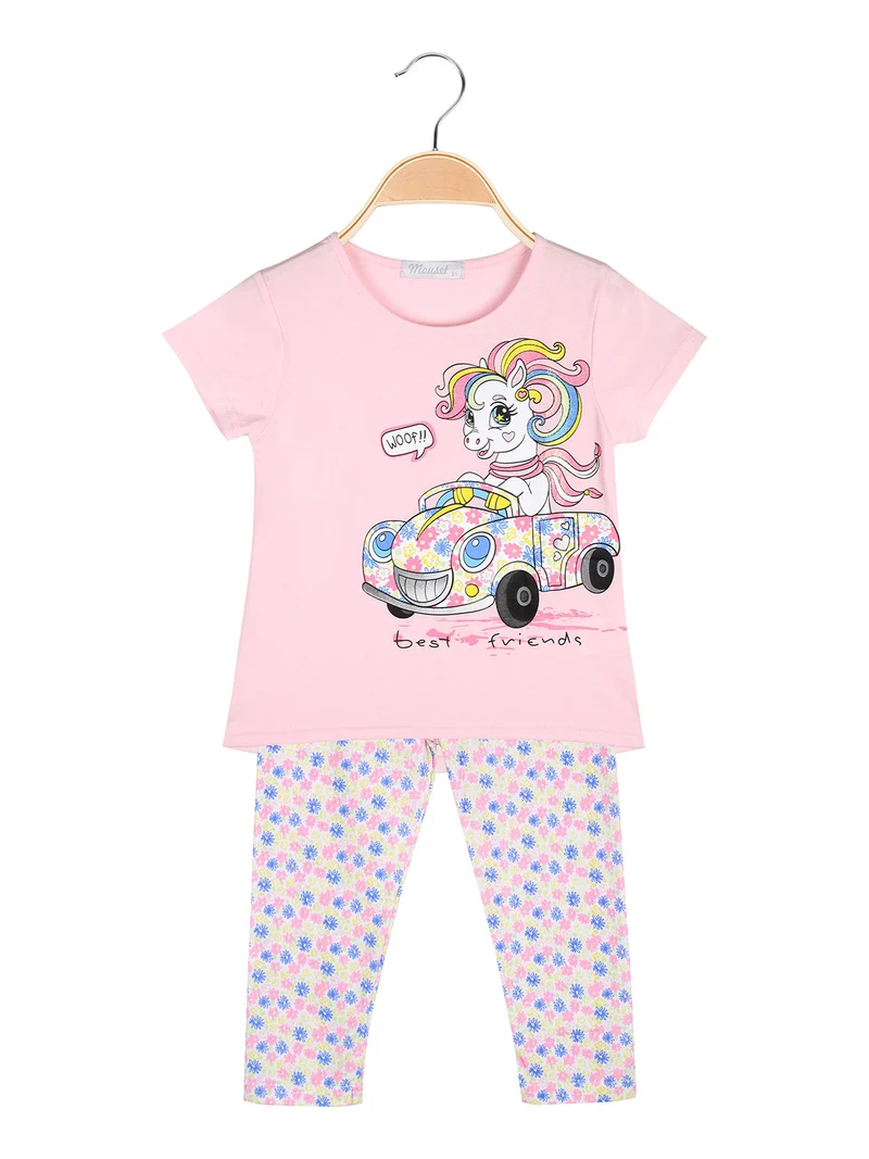 Completo da bambina con t-shirt e leggings fiorati a 3/4 - rosa