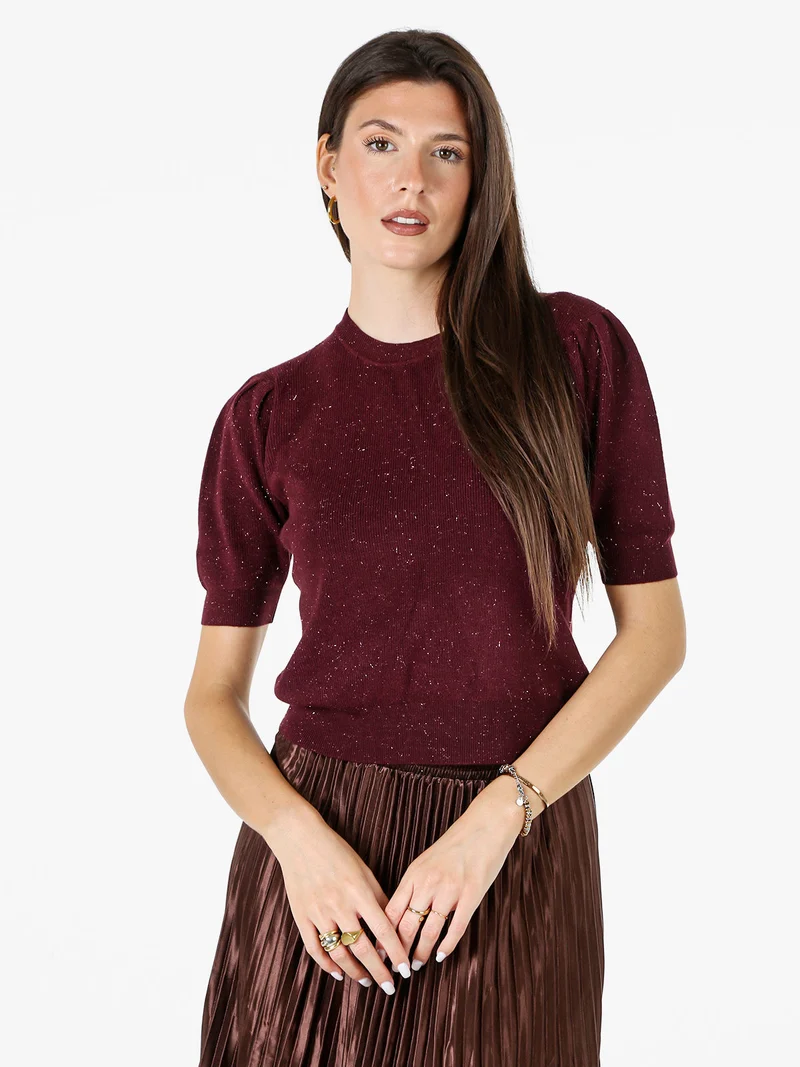Maglia donna in lurex con maniche corte a sbuffo - bordeaux