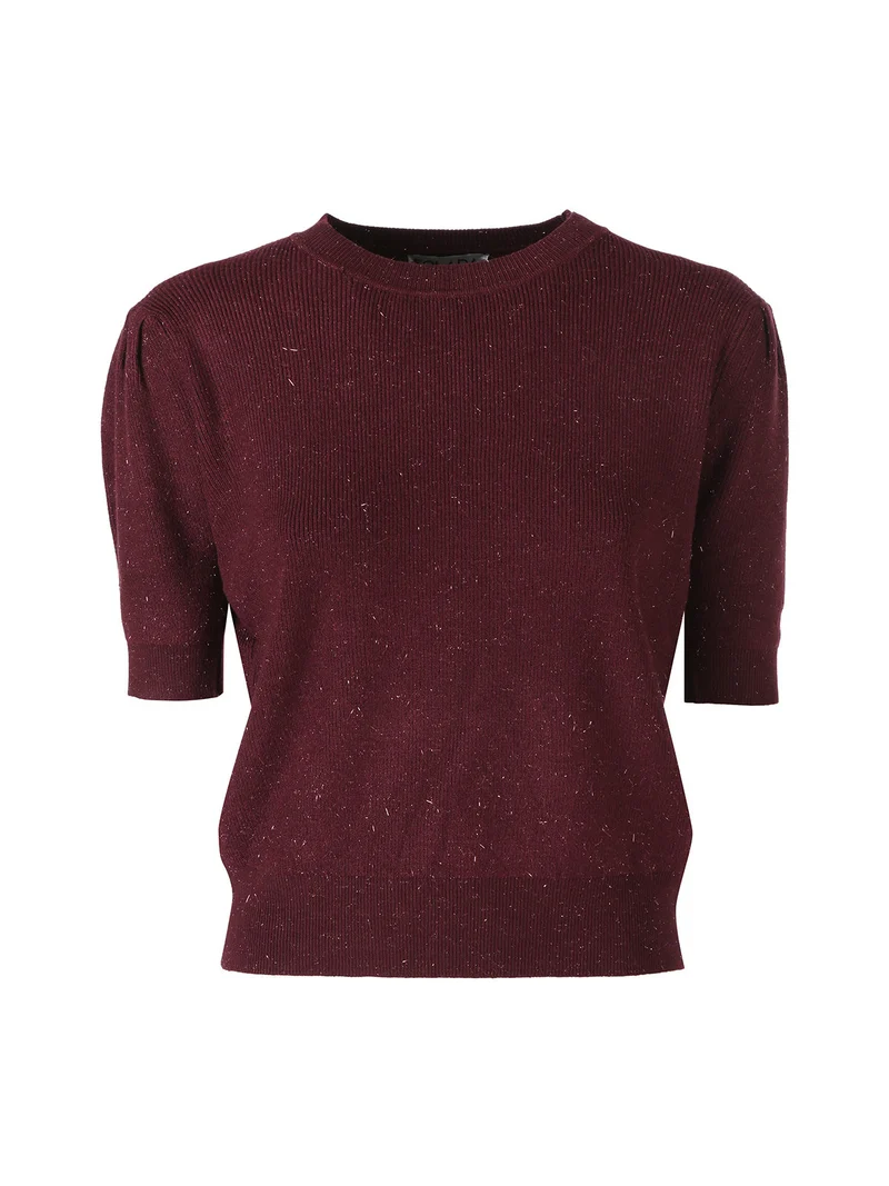 Maglia donna in lurex con maniche corte a sbuffo - bordeaux