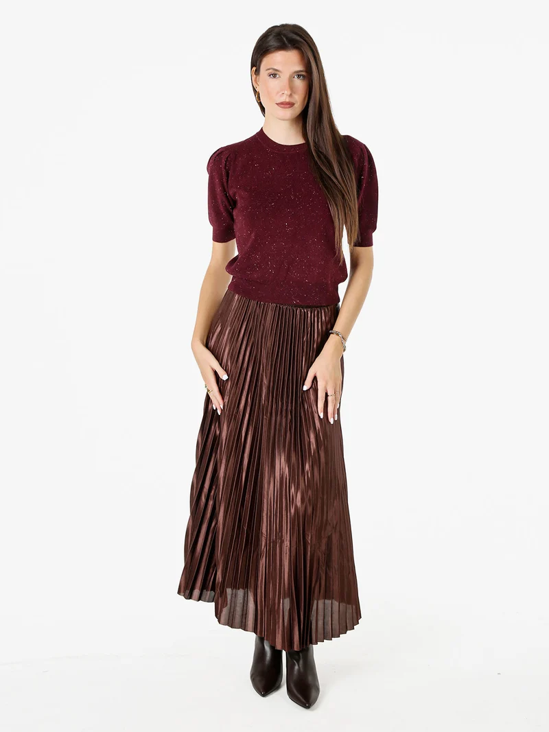 Maglia donna in lurex con maniche corte a sbuffo - bordeaux