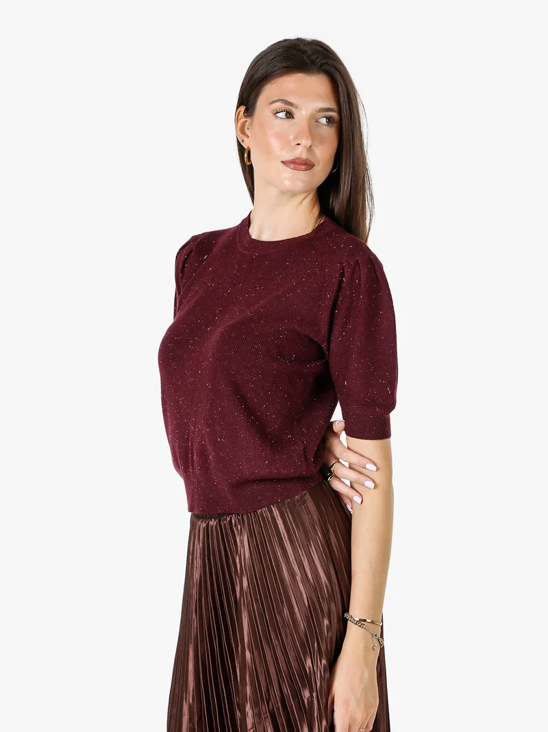 Maglia donna in lurex con maniche corte a sbuffo - bordeaux