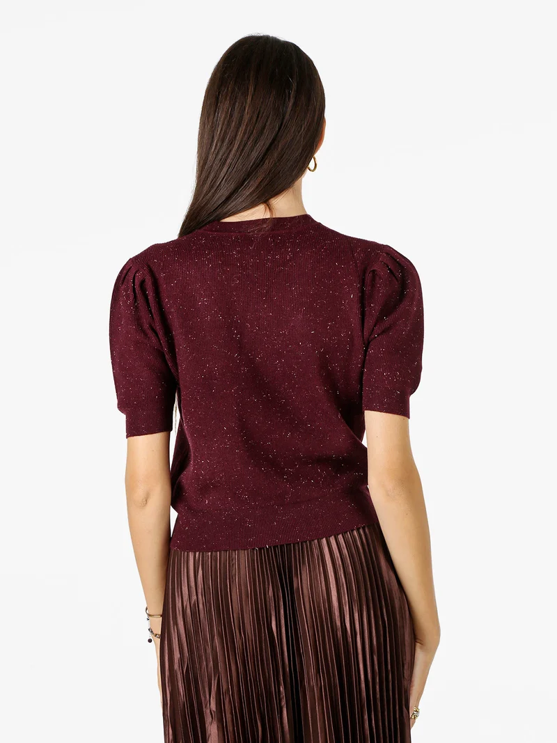 Maglia donna in lurex con maniche corte a sbuffo - bordeaux