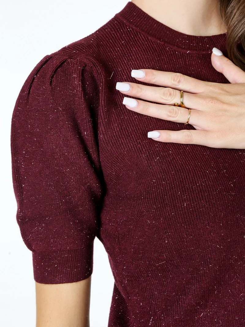 Maglia donna in lurex con maniche corte a sbuffo - bordeaux