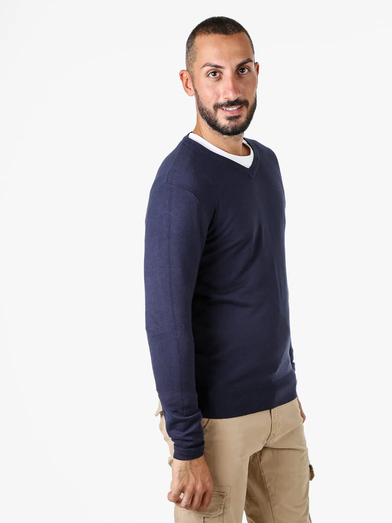 Maglia uomo con scollo a V tinta unita - blu scuro