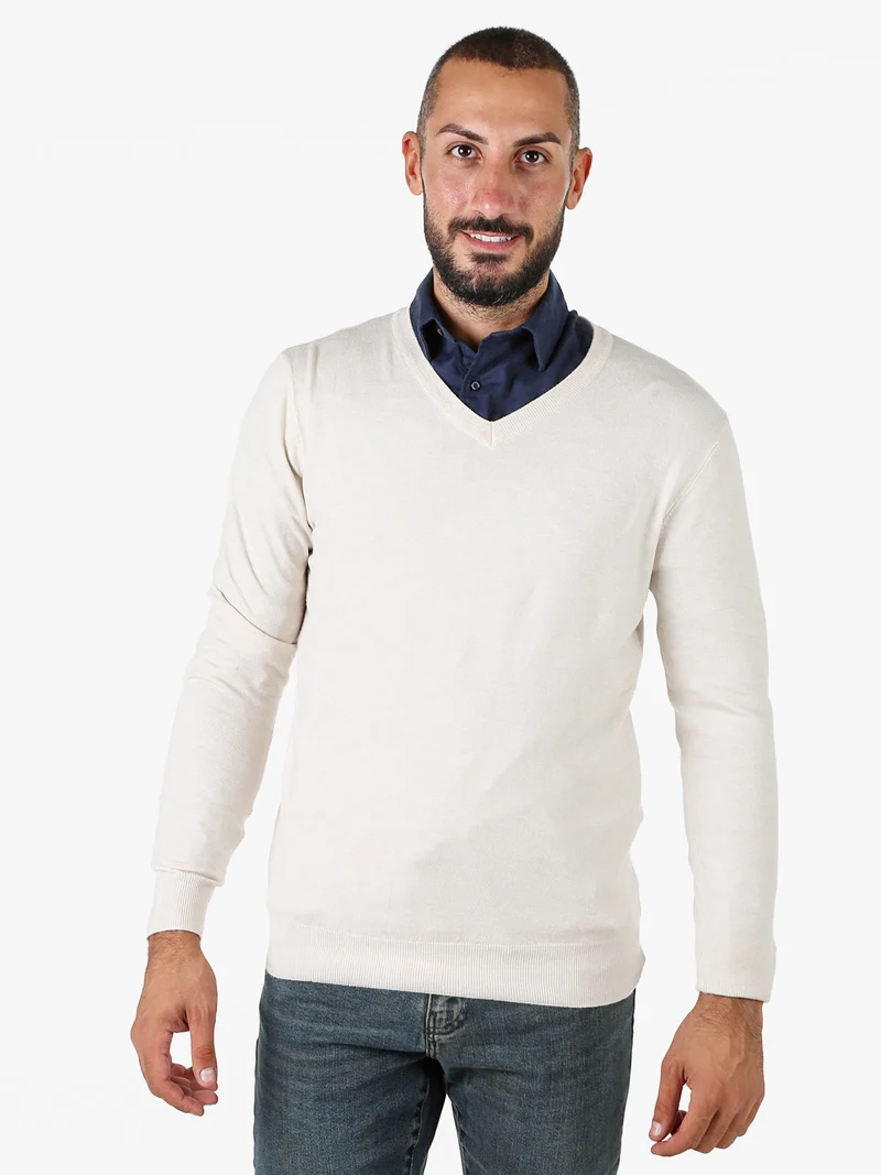 Maglia uomo con scollo a V tinta unita - beige