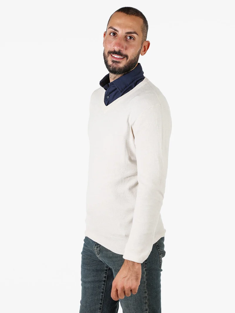 Maglia uomo con scollo a V tinta unita - beige