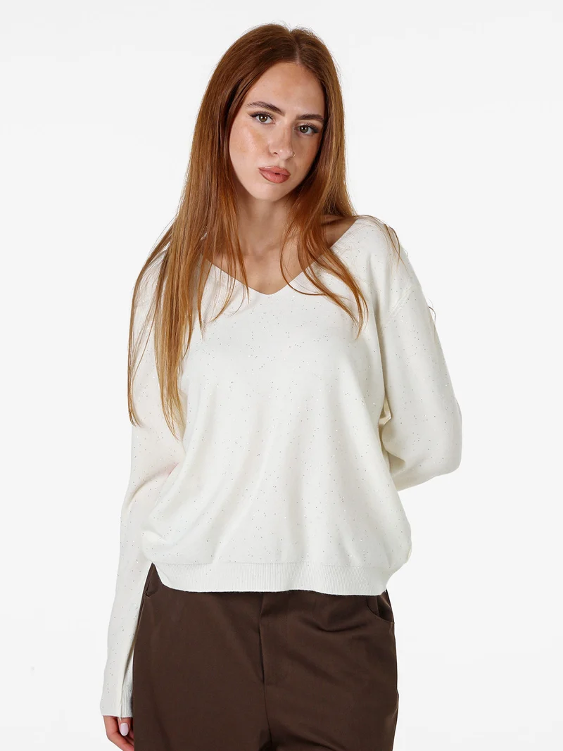 Maglia donna con scollo a V e dettagli di mini paillettes - panna