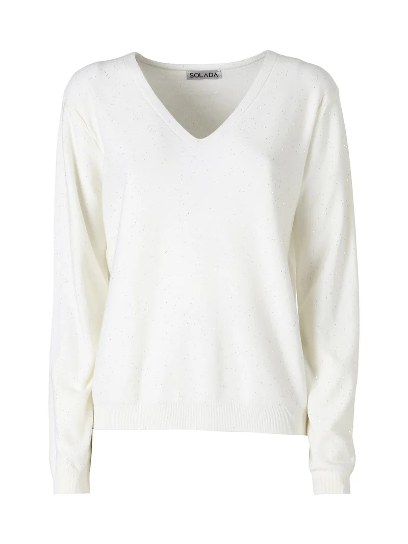 Maglia donna con scollo a V e dettagli di mini paillettes - panna