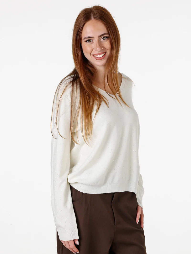 Maglia donna con scollo a V e dettagli di mini paillettes - panna