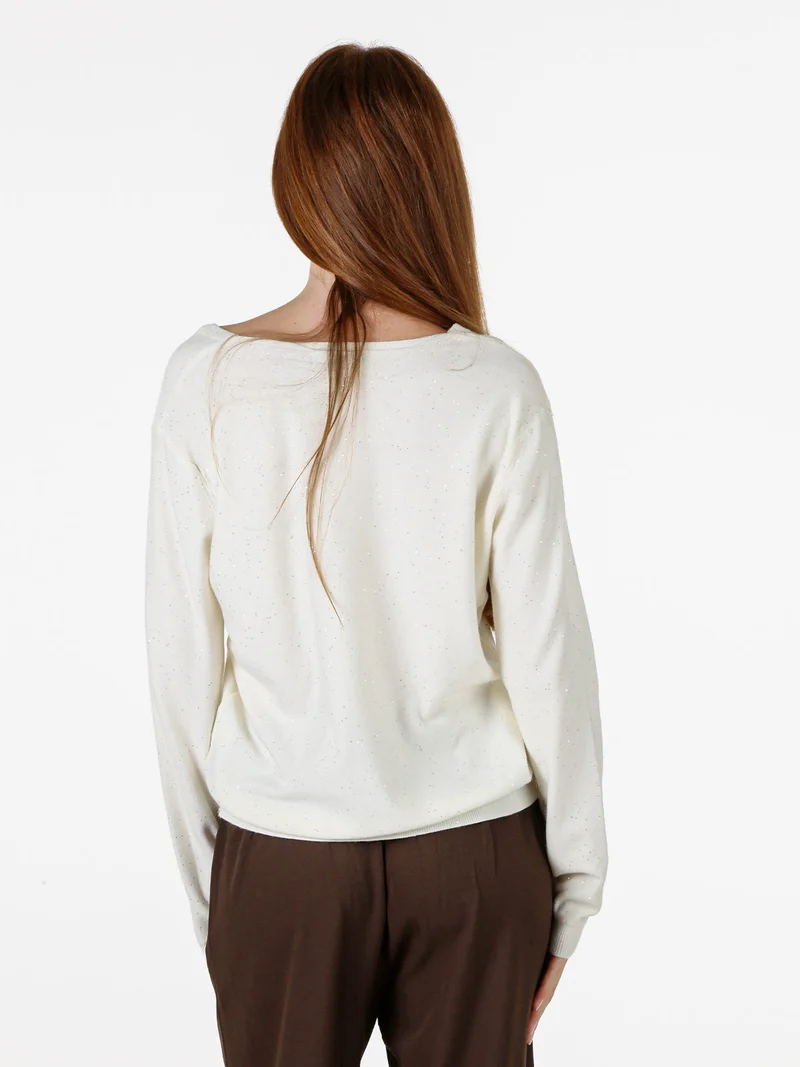 Maglia donna con scollo a V e dettagli di mini paillettes - panna