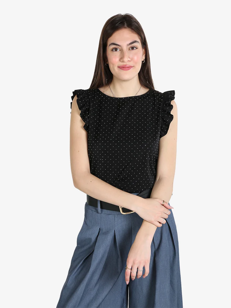 Blusa donna con strass e bottoni sulla schiena - nero