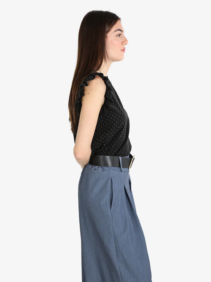 Blusa donna con strass e bottoni sulla schiena - nero