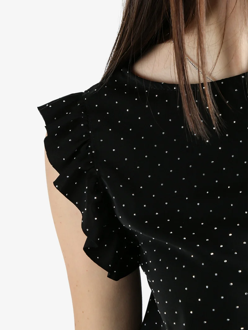 Blusa donna con strass e bottoni sulla schiena - nero