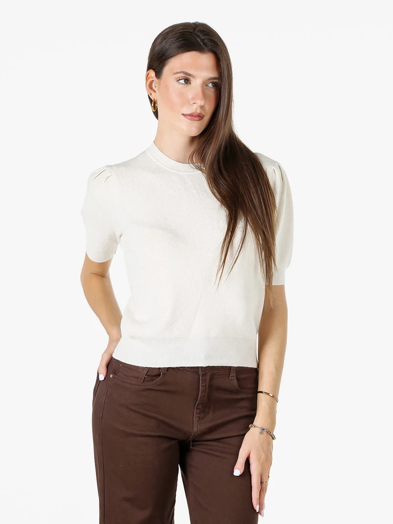Maglia donna in lurex con maniche corte a sbuffo - panna