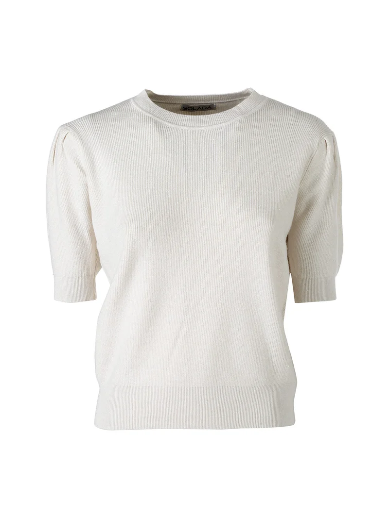Maglia donna in lurex con maniche corte a sbuffo - panna