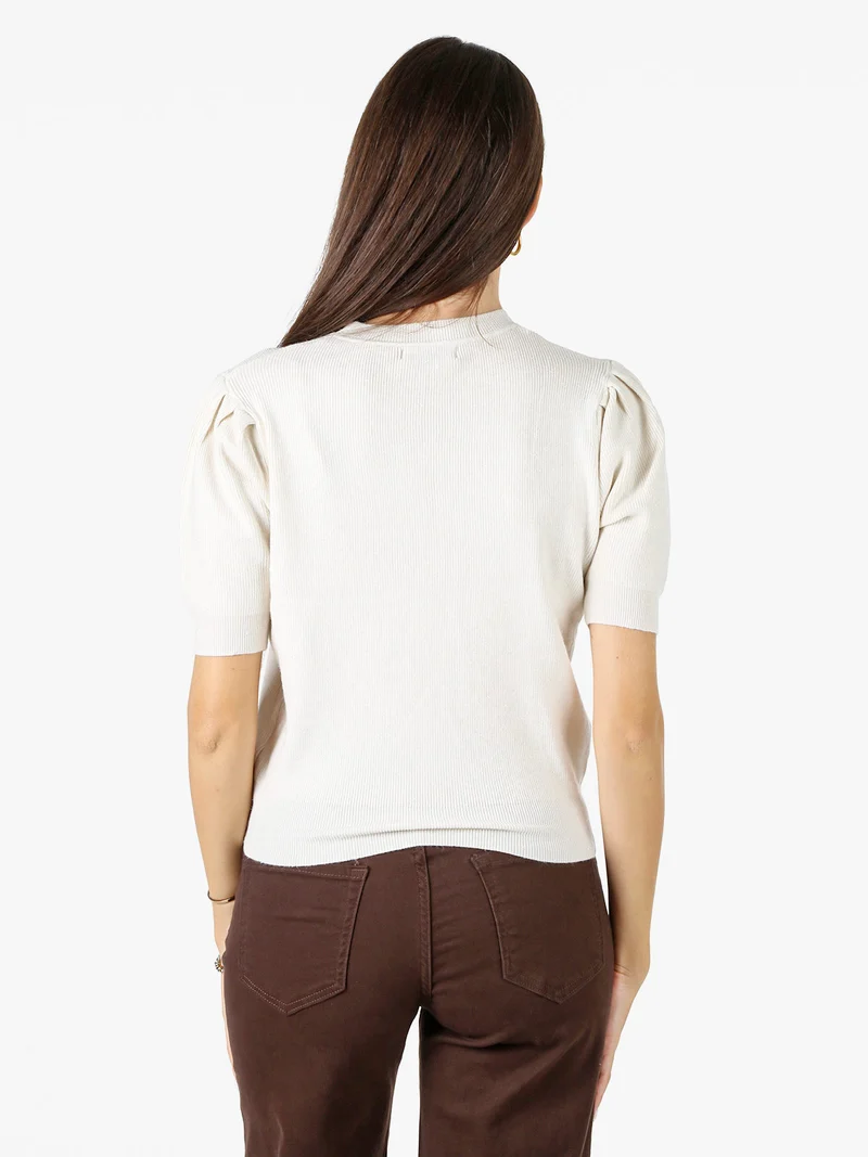 Maglia donna in lurex con maniche corte a sbuffo - panna