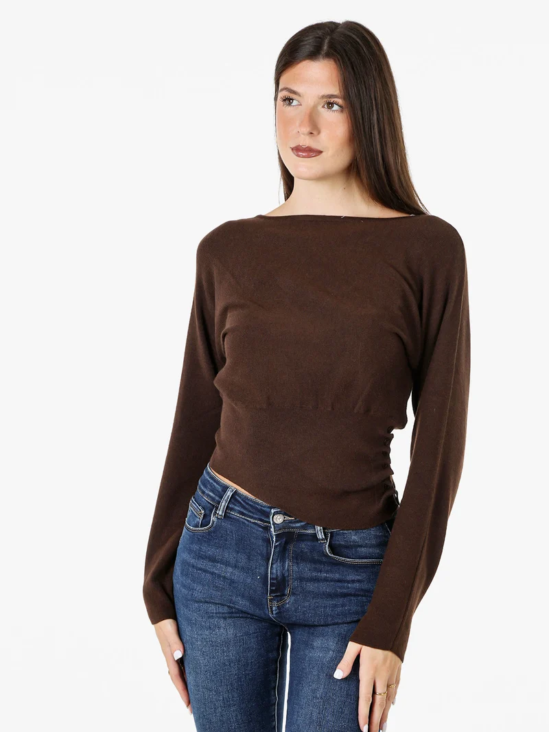Maglia donna con scollo a barchetta e maniche a pipistrello - moro