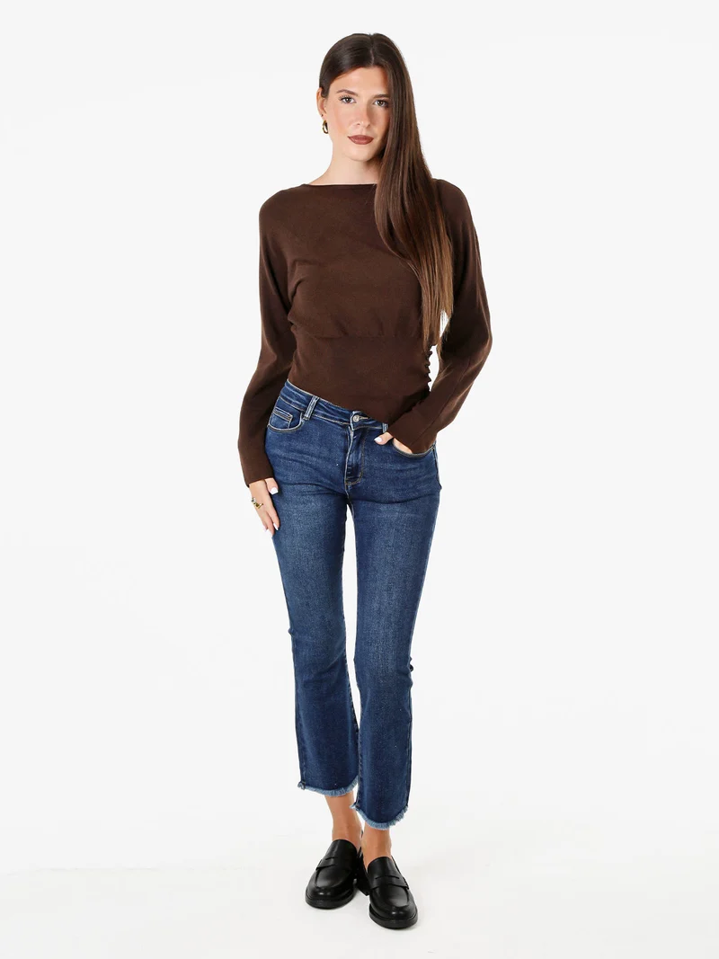 Maglia donna con scollo a barchetta e maniche a pipistrello - moro