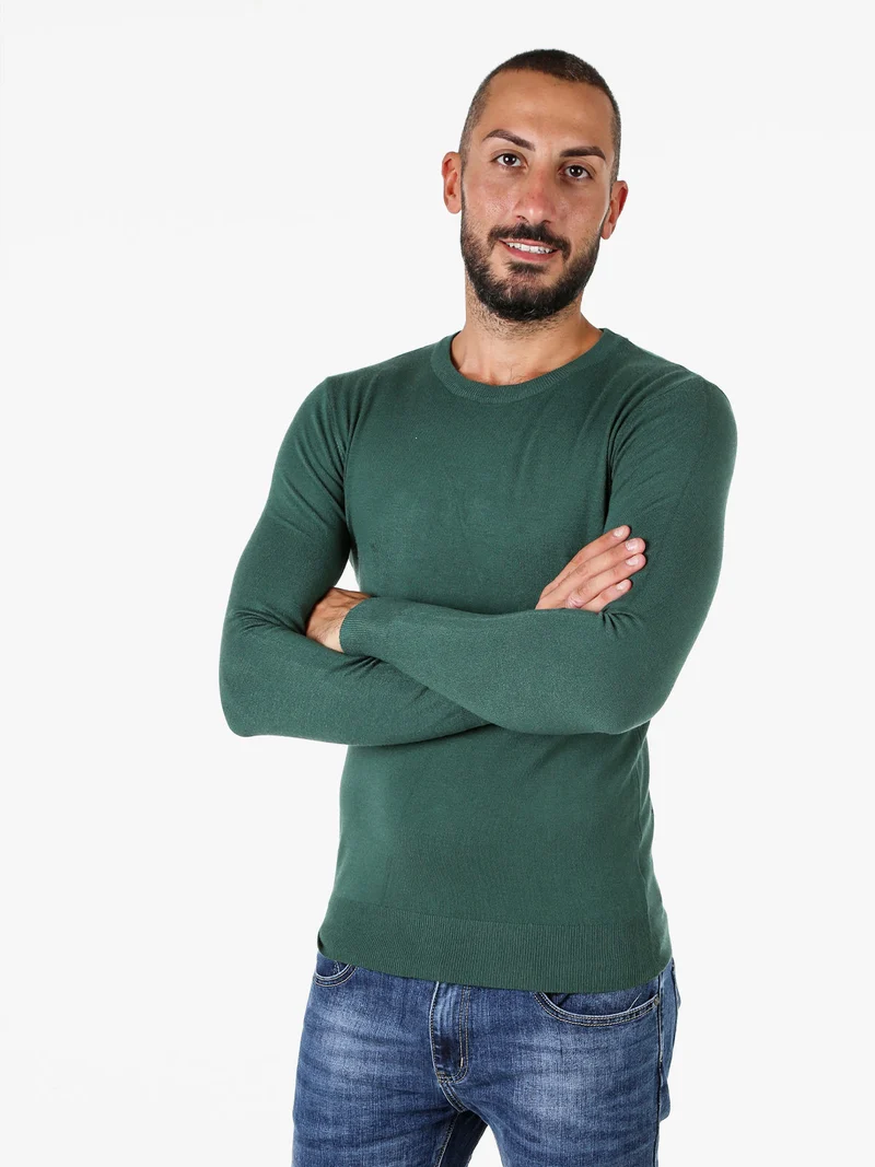 Maglia girocollo da uomo in tinta unita - verde scuro