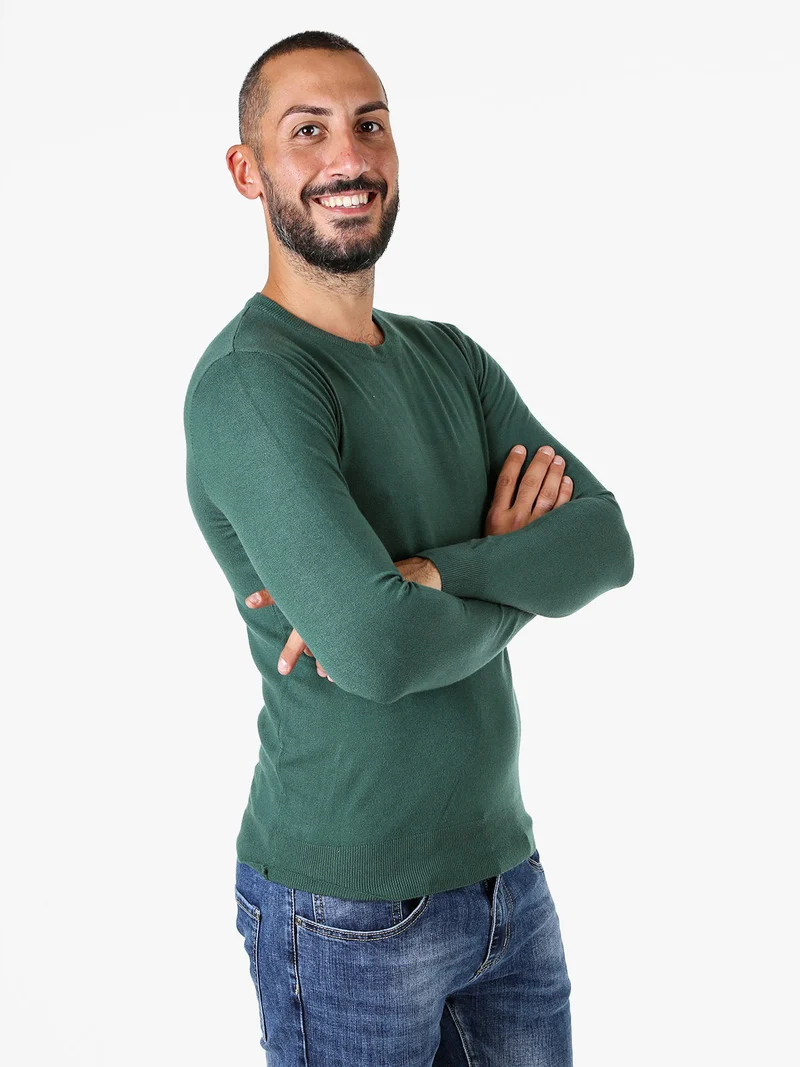 Maglia girocollo da uomo in tinta unita - verde scuro