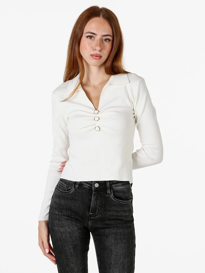 Maglia donna con scollo a V e colletto - bianco