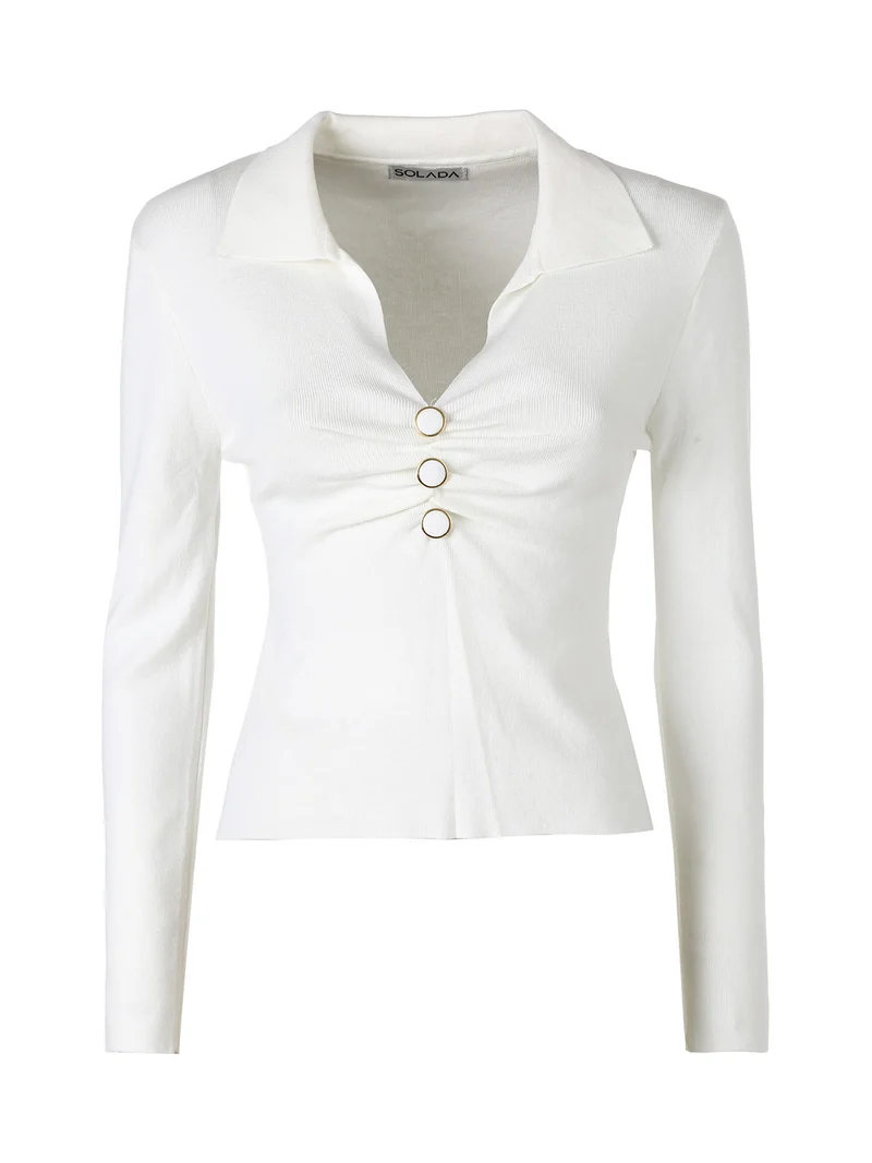 Maglia donna con scollo a V e colletto - bianco