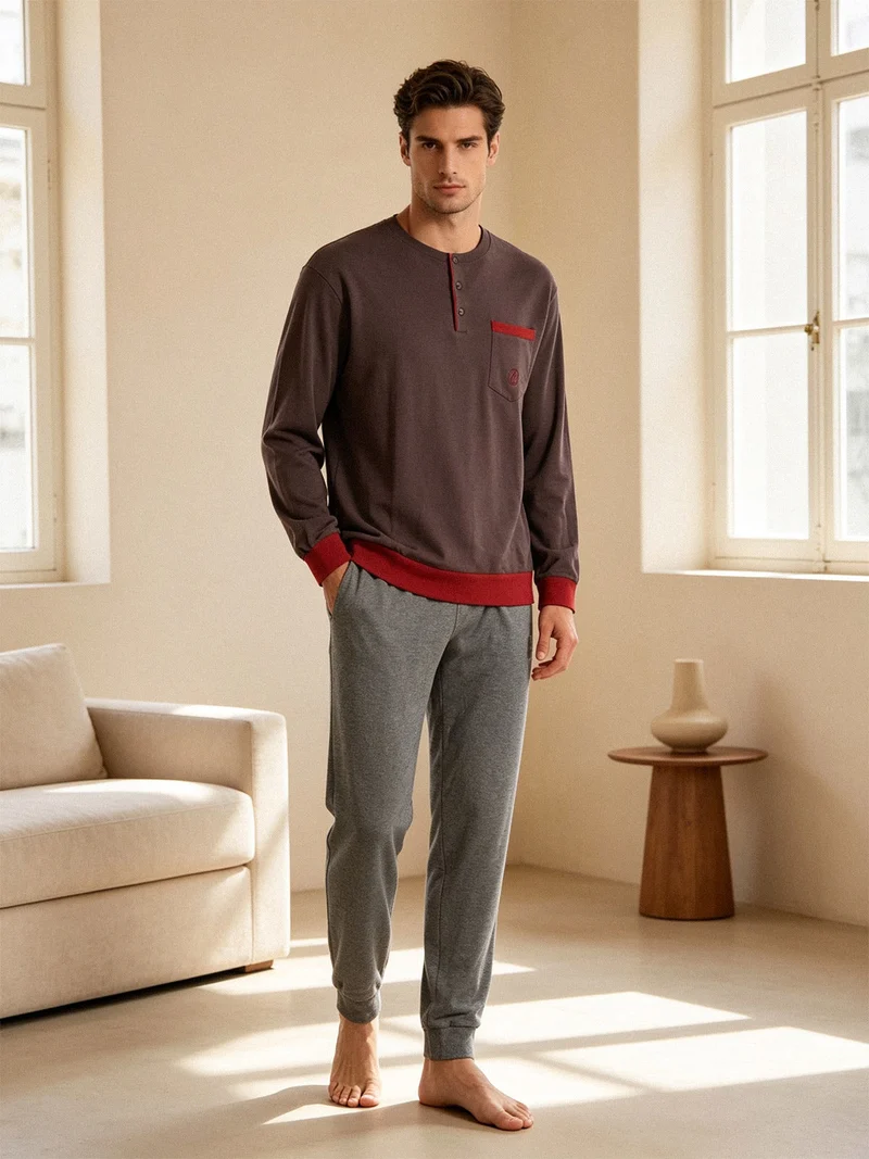 Pigiama lungo da uomo in cotone - grigio