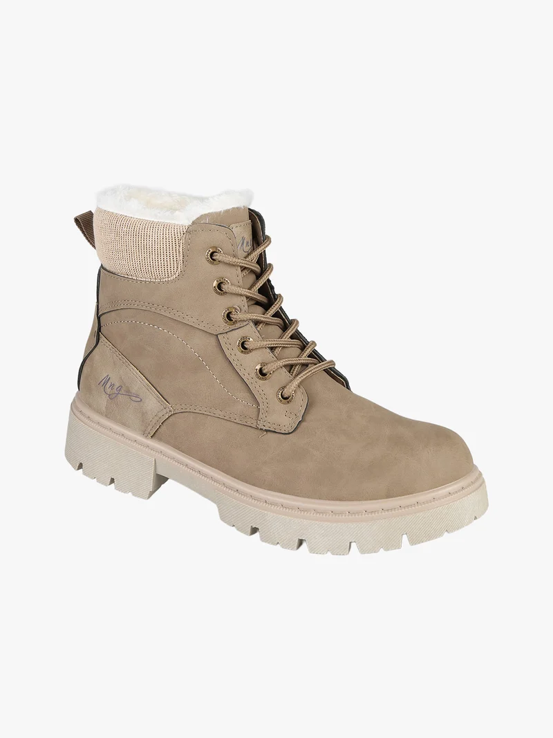 Anfibi donna con lacci e zip e fodera in ecopelliccia - taupe
