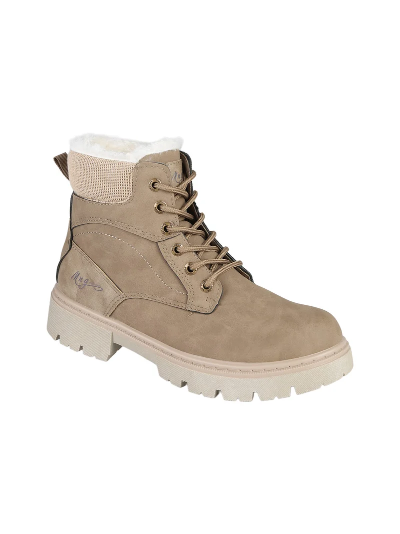Anfibi donna con lacci e zip e fodera in ecopelliccia - taupe