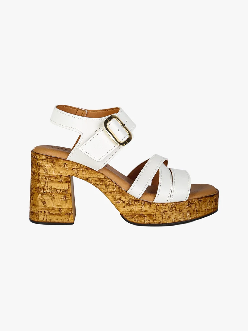 Sandali donna con fibbia tacco largo e plateau - bianco