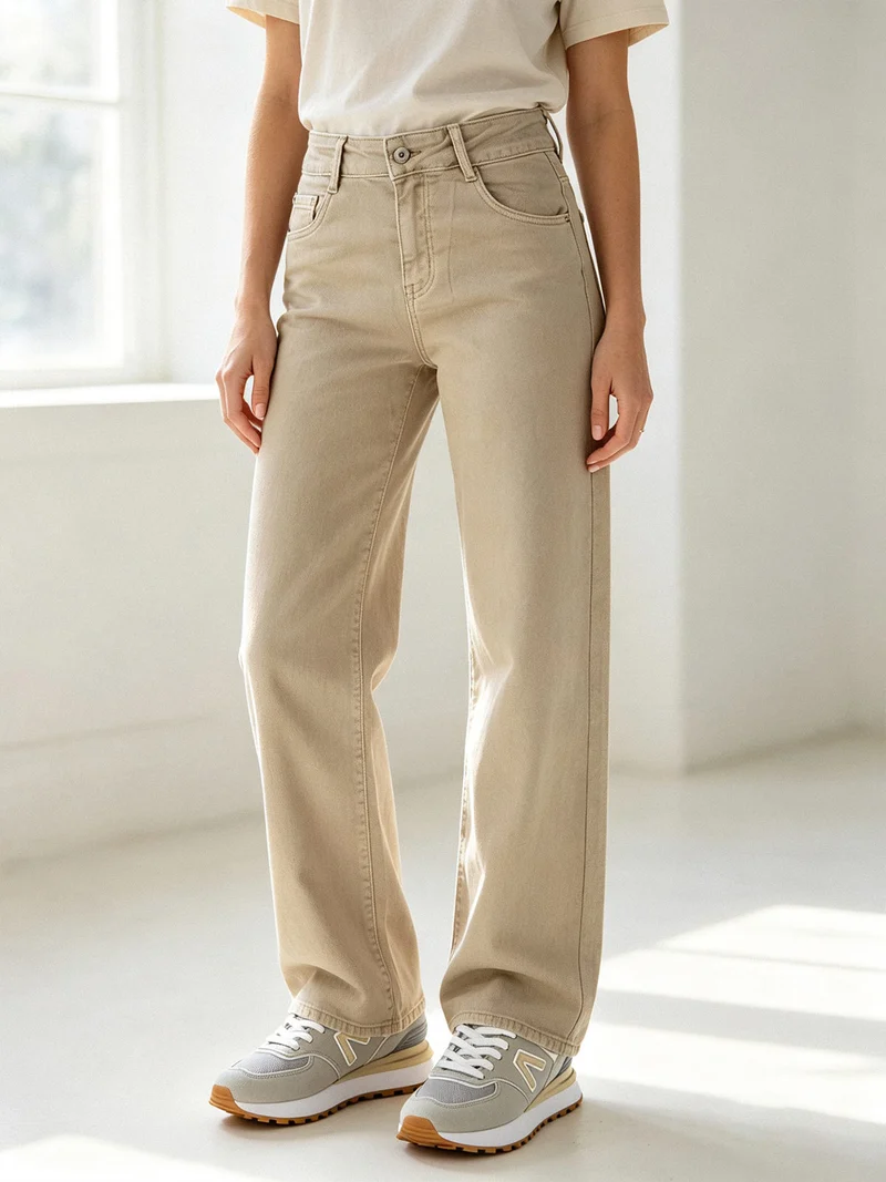 Jeans donna a vita alta con gamba larga - khaki