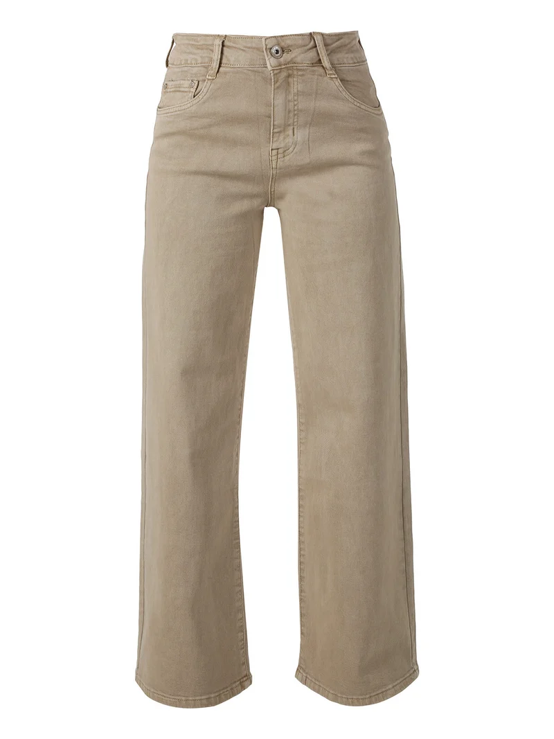 Jeans donna a vita alta con gamba larga - khaki