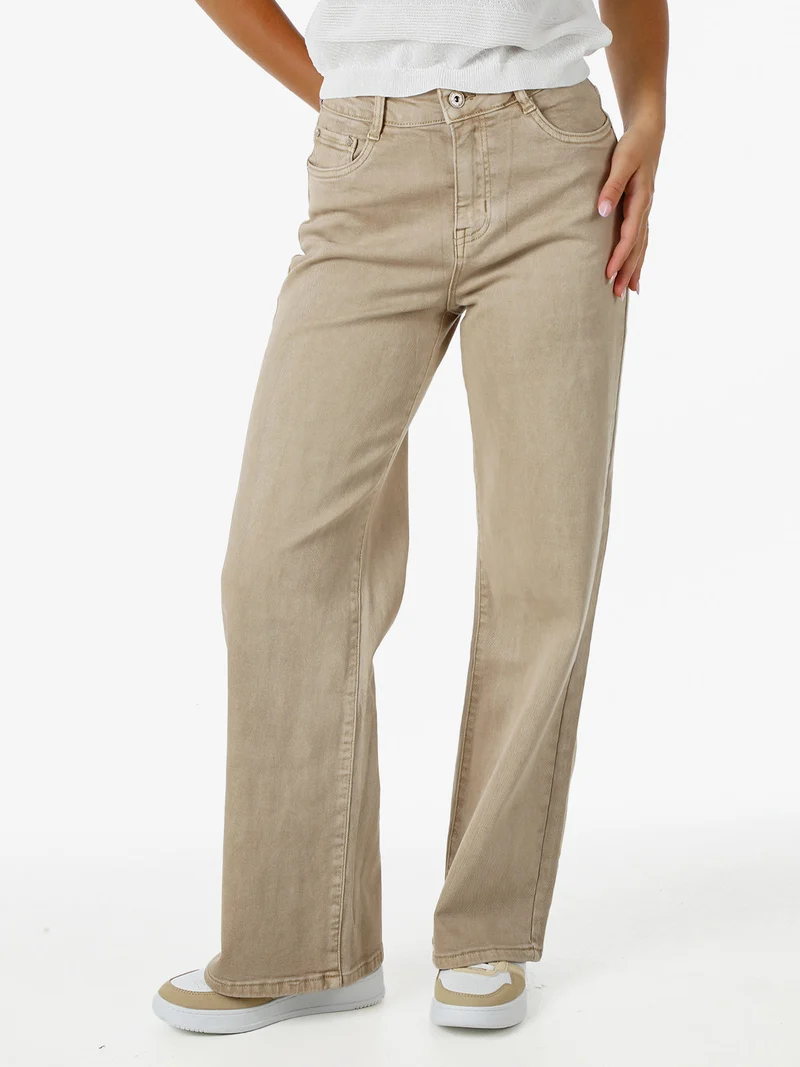 Jeans donna a vita alta con gamba larga - khaki