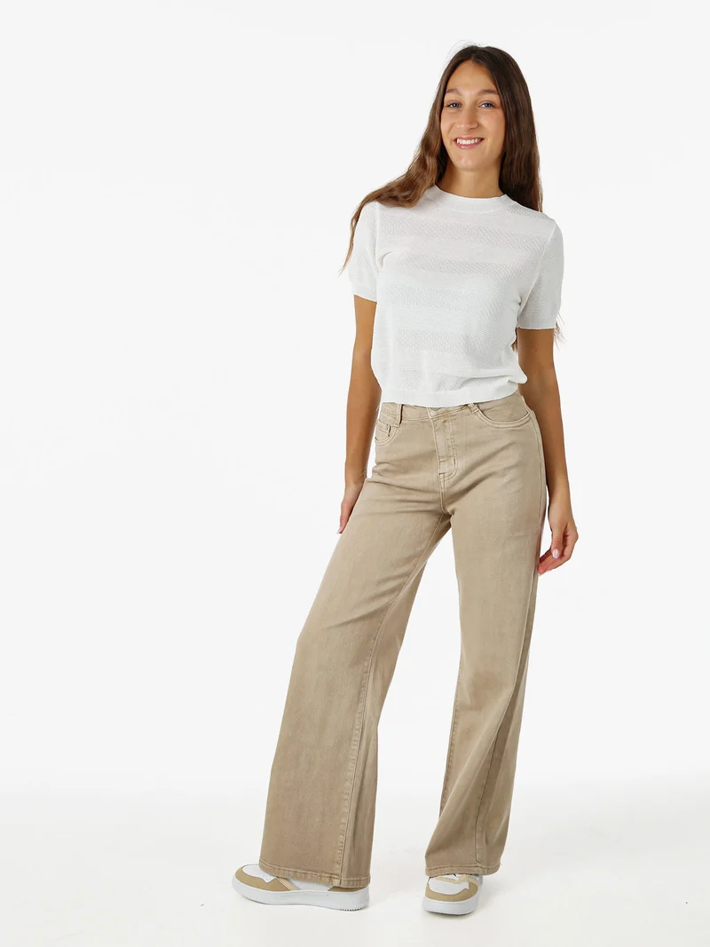 Jeans donna a vita alta con gamba larga - khaki