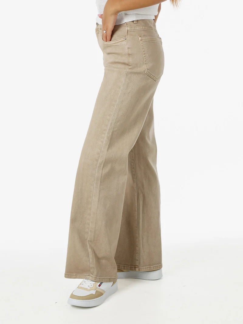 Jeans donna a vita alta con gamba larga - khaki