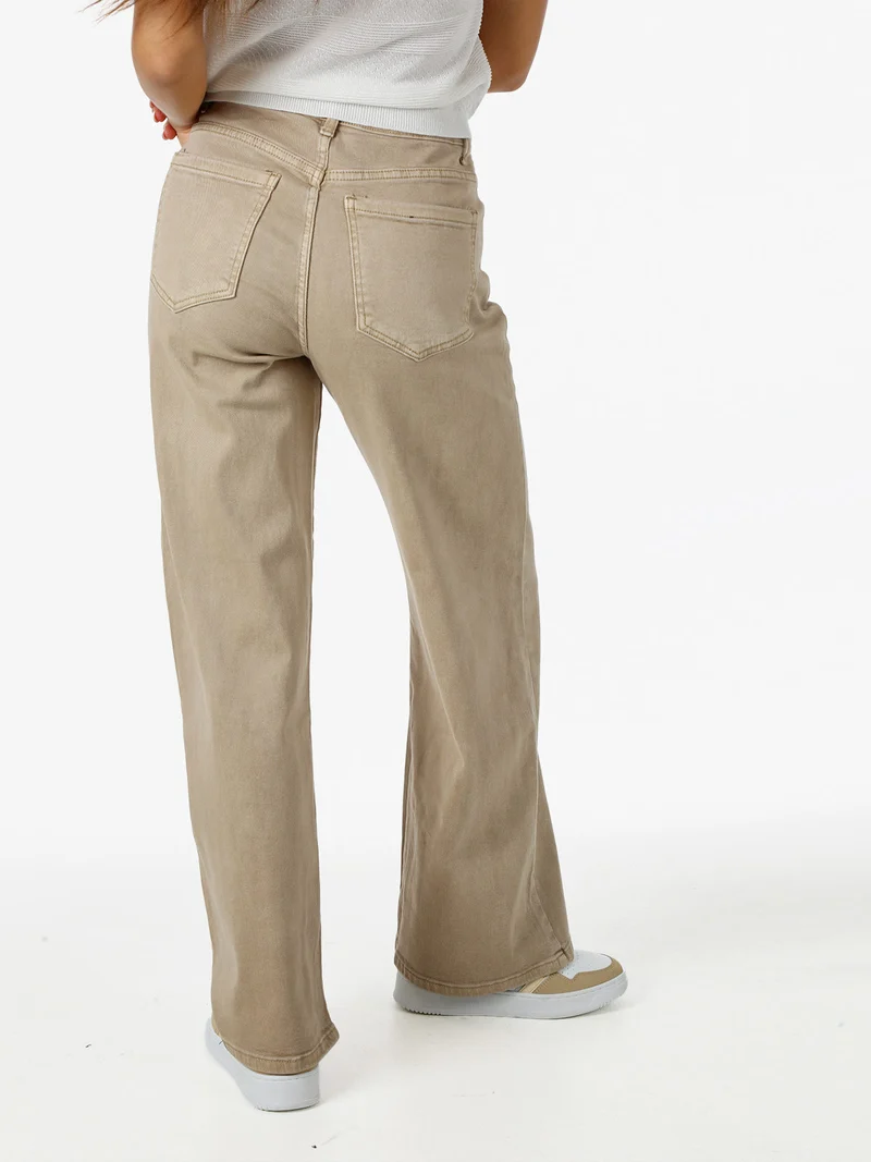 Jeans donna a vita alta con gamba larga - khaki